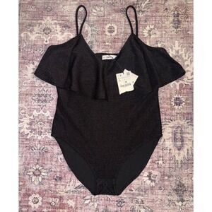 ZARA KNIT Black Metallic Ruffle Cold Shoulder Spaghetti Strap Bodysuit L NWT